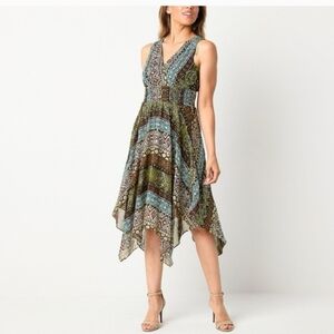 NWT Rabbit Rabbit Rabbit Olive and Blue Patchwork Asymmetrical Hem Dress